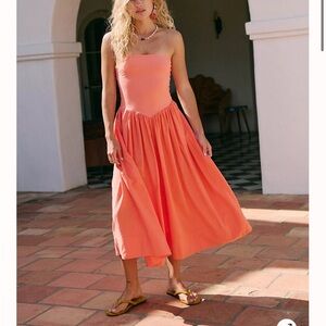 Free People Strapless Coral Midi Dress